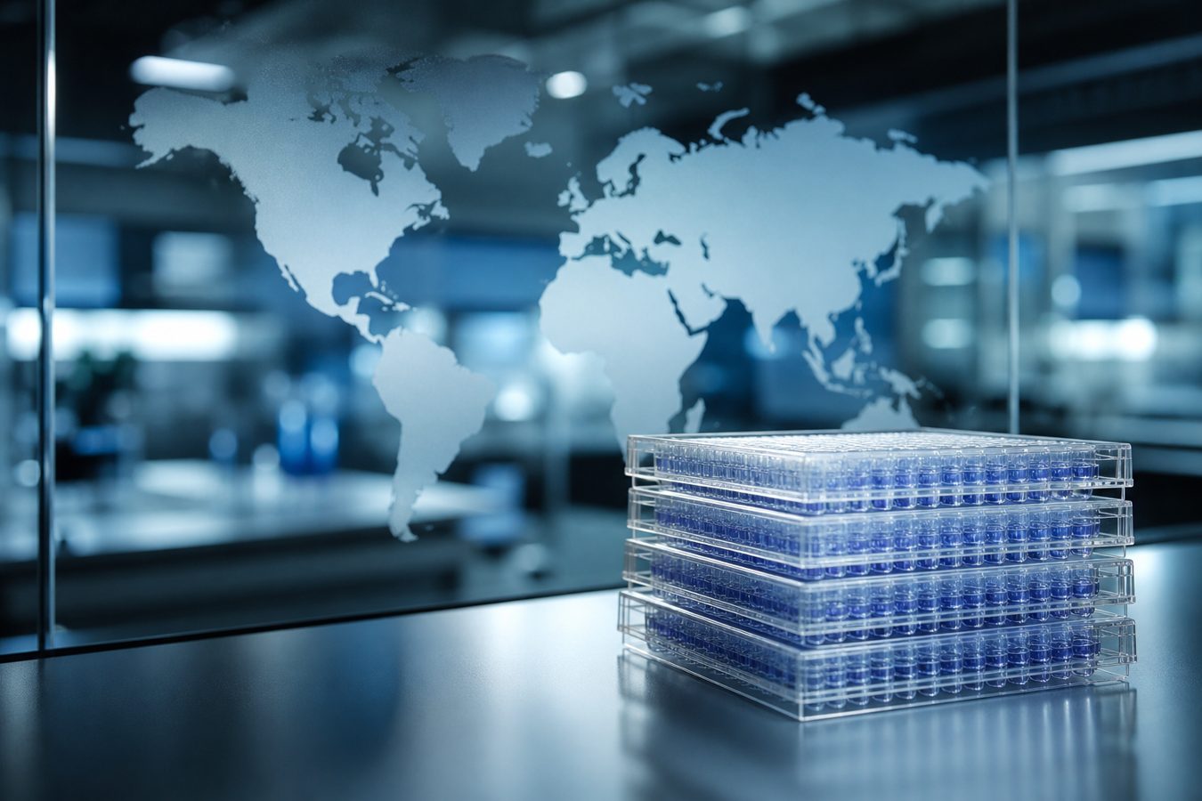Stacked 96-well plates filled with blue screening solutions in front of a laboratory world-map panel for ActiGlobe-50K
