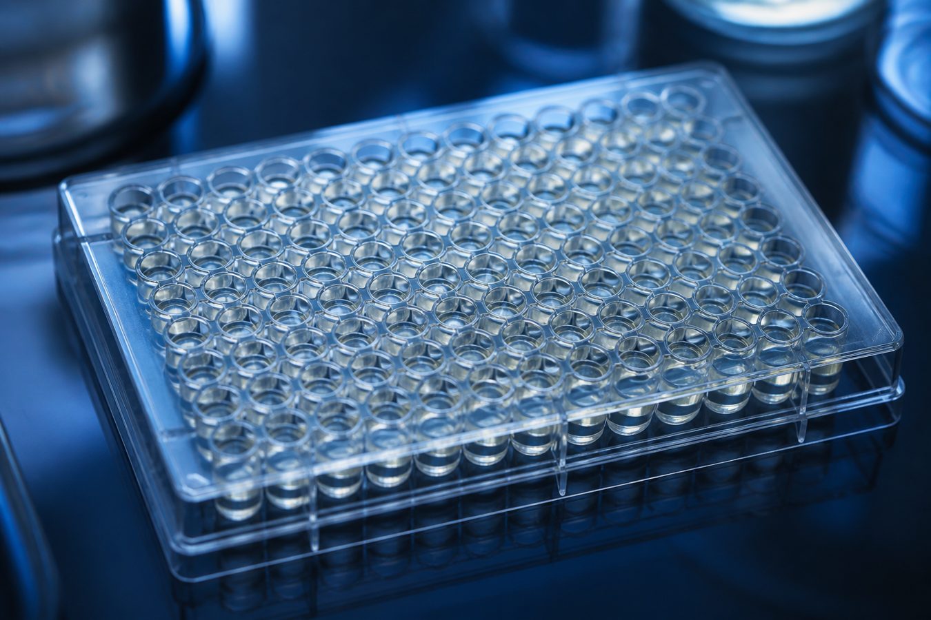 Close view of a 96-well microplate containing liquid samples for the ActiProbe-10K screening library