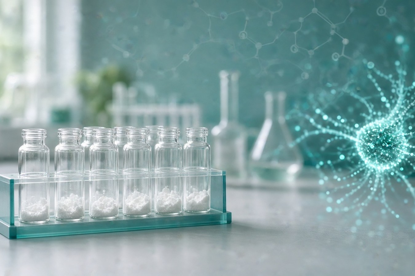Clear rack of open glass vials containing white crystalline solid in front of a glowing branched molecular graphic, for the ActiTarg-CNS modulator library
