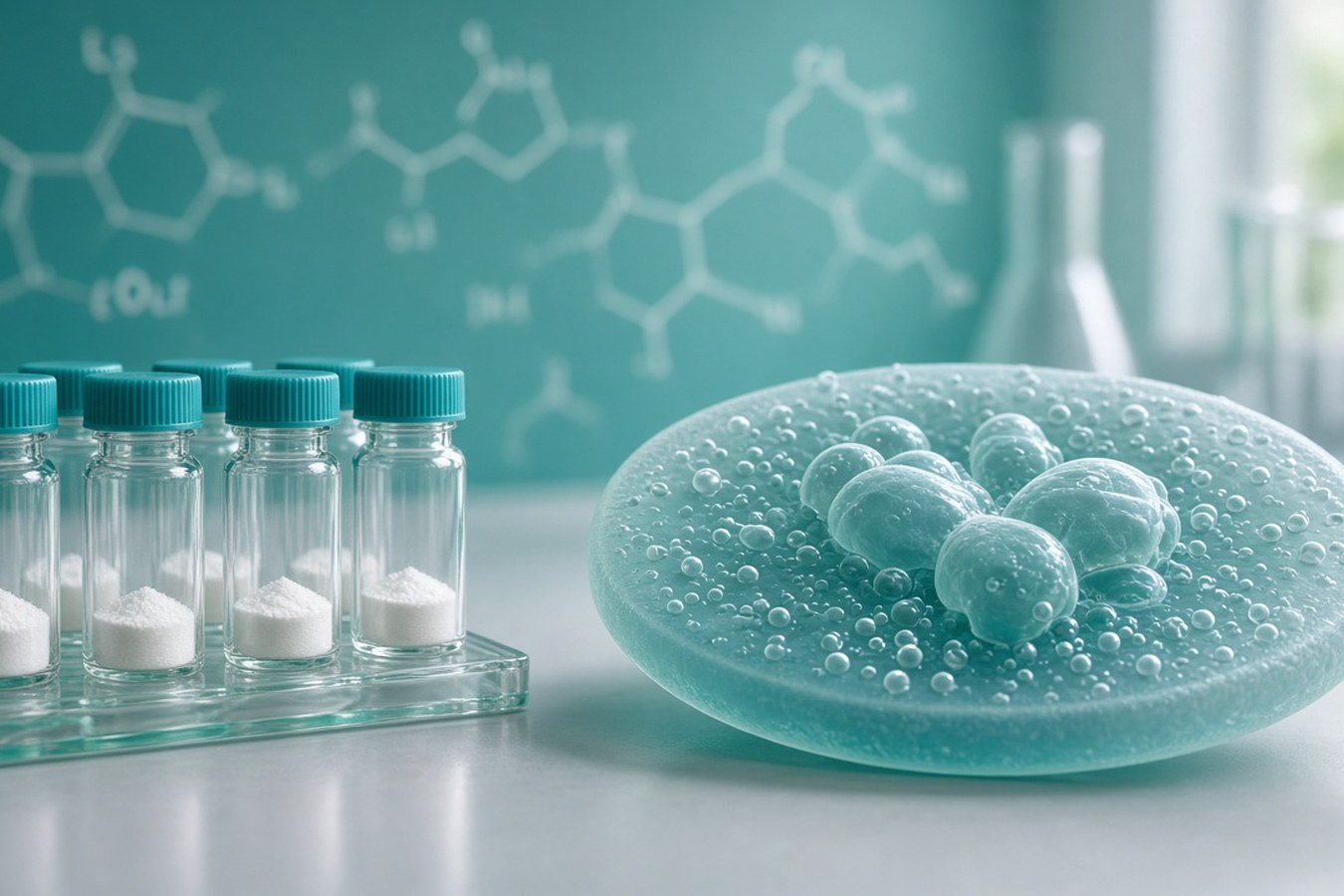 Teal-capped glass vials of white solid beside a textured teal disc with clustered spherical forms, against skeletal chemical structures, for the ActiTarg-G GPCR ligand library