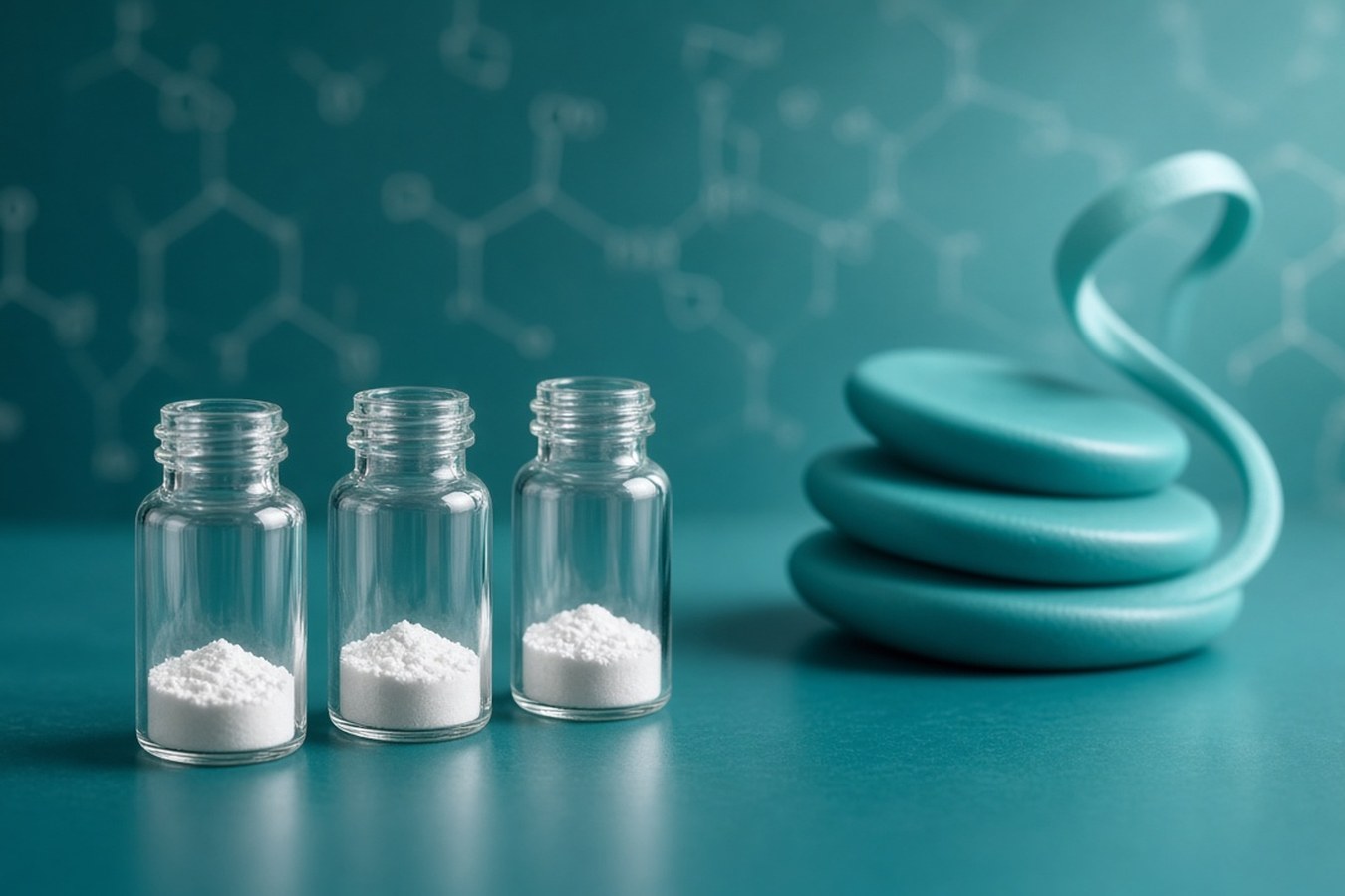 Three open glass vials of white crystalline solid beside a stacked teal disc-and-ribbon molecular model, for the ActiTarg-H HDAC inhibitor library