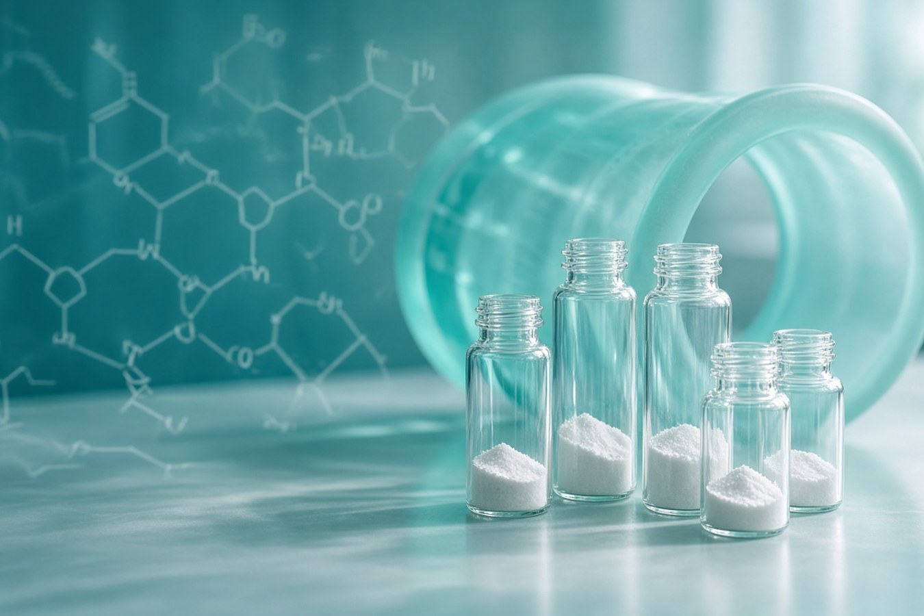Cluster of open glass vials containing white crystalline solid in front of a recumbent teal glass vessel and a skeletal chemical overlay, for the ActiTarg-I potassium-channel modulator library