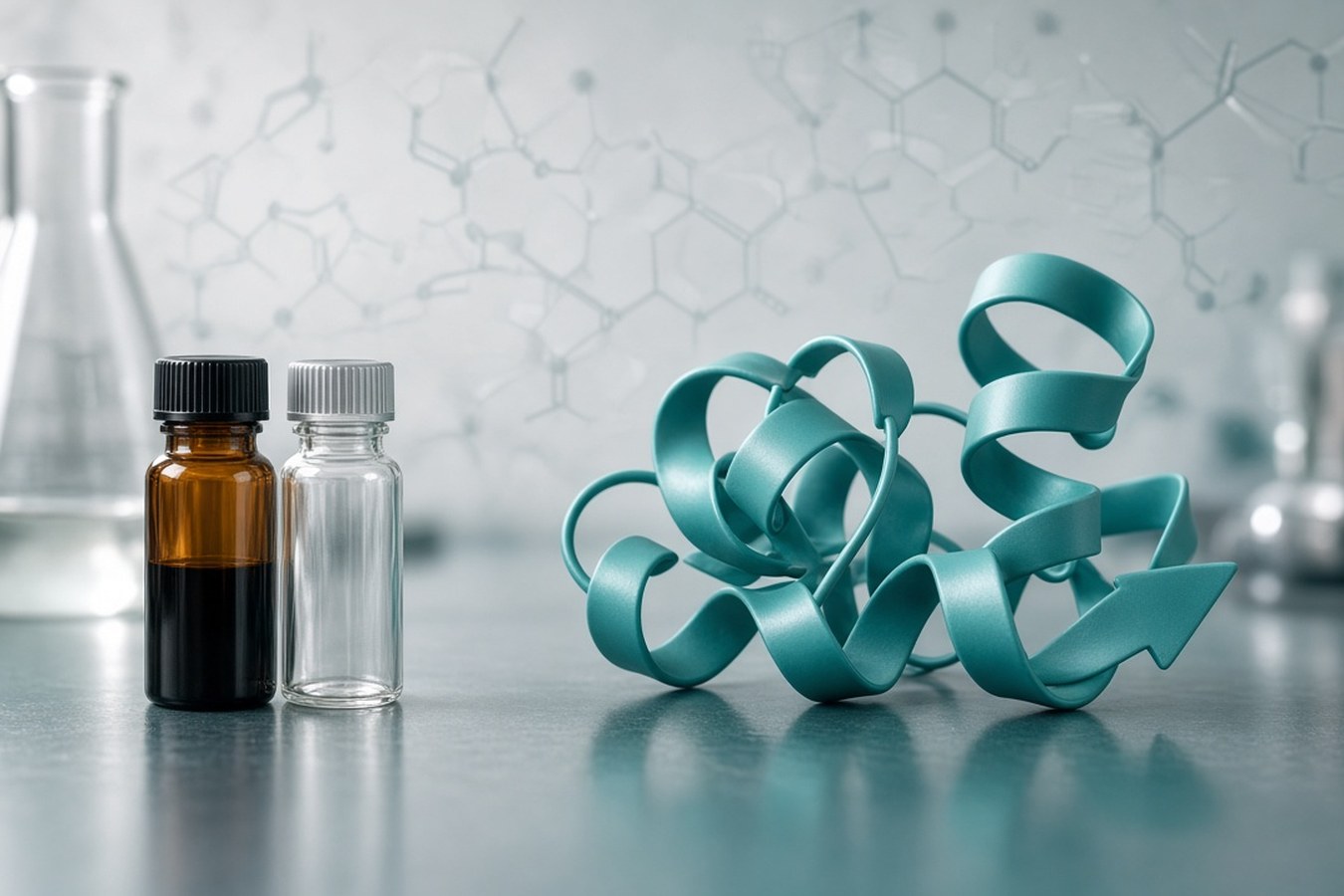 Amber and clear sample vials beside a teal protein ribbon model showing helix and sheet folds, for the ActiTarg-K kinase modulator library