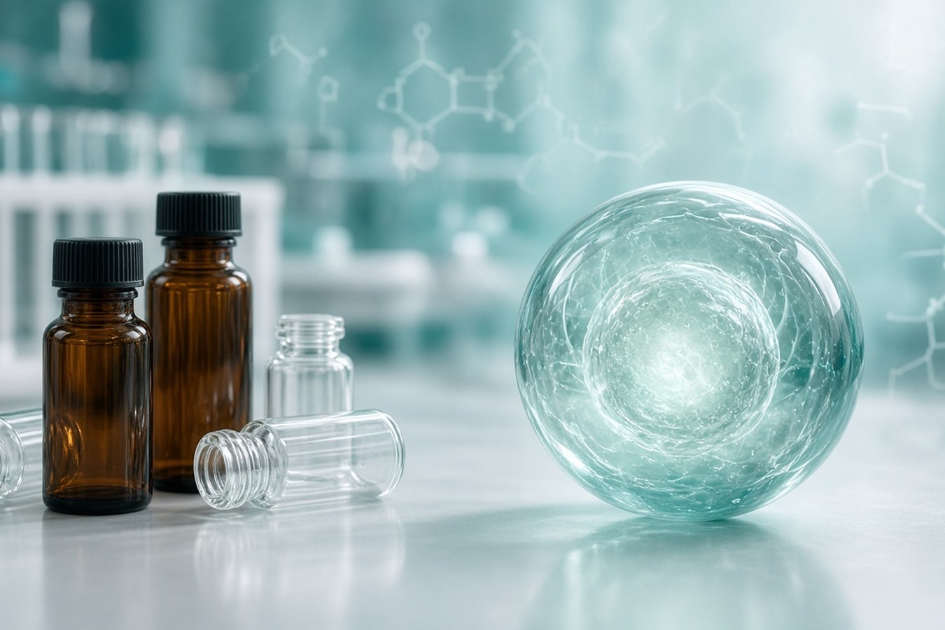Amber and clear glass vials beside a glowing translucent sphere with molecular-structure overlays, for the ActiTarg-N nuclear-receptor ligand library