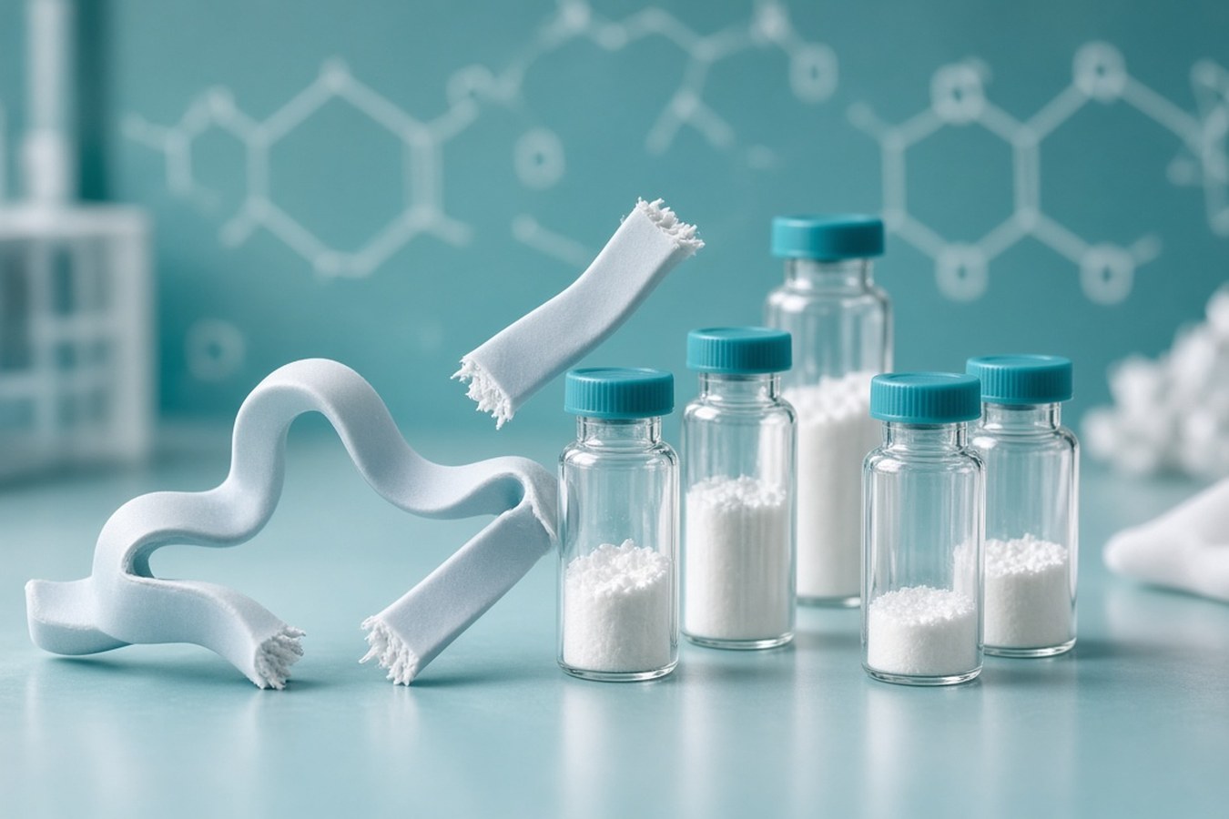 Five teal-capped vials of white crystalline solid next to a white ribbon-style fragment model on a teal surface, for the ActiTarg-P protease inhibitor library
