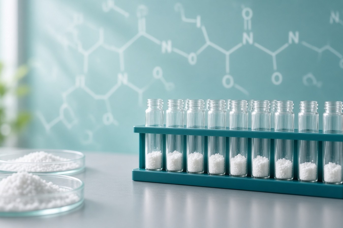 Teal rack of open glass vials and two Petri dishes of white crystalline solid against peptide-like skeletal structures, for the ActiTarg-S serine proteinase (serpin) library