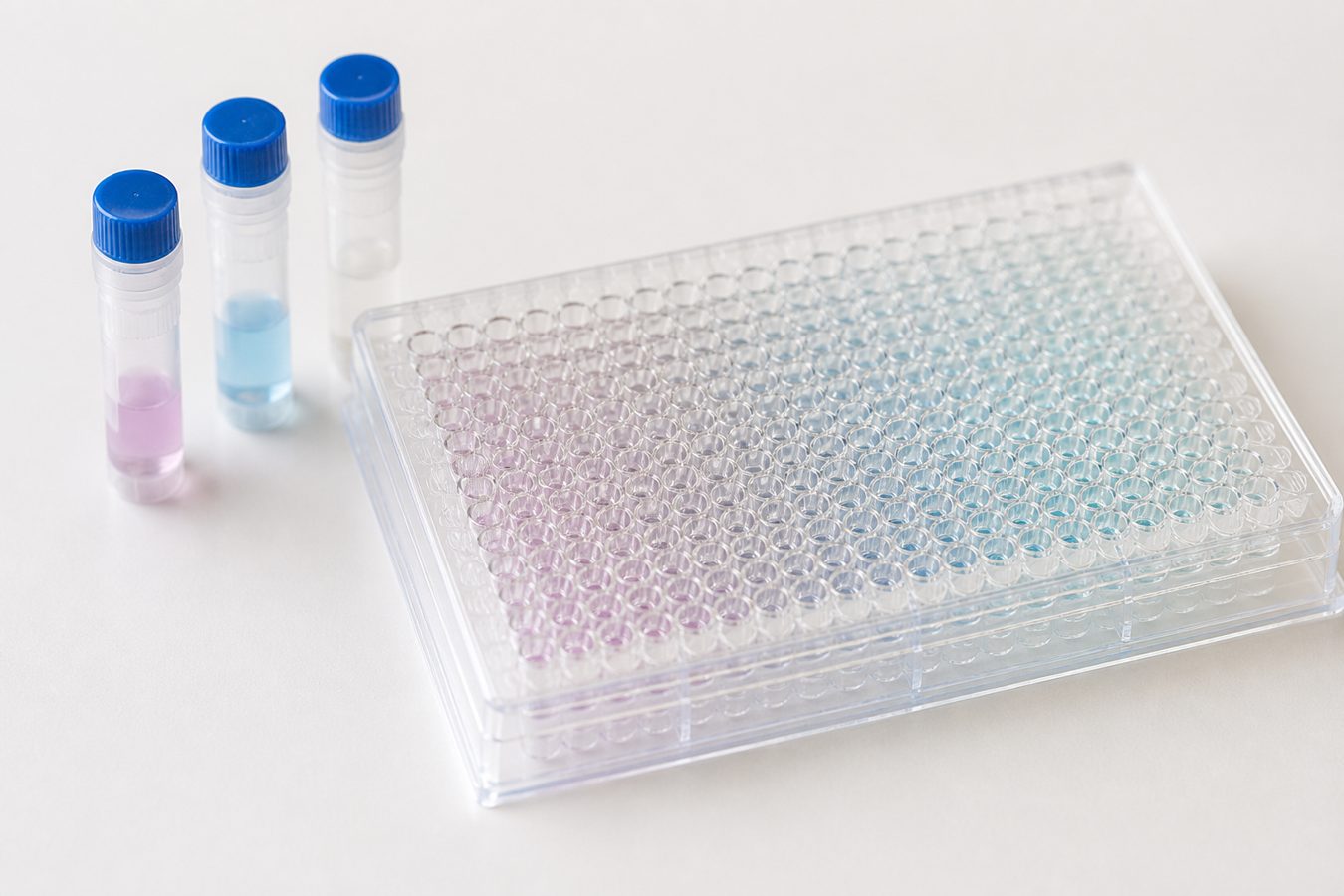 Microplate with purple-to-blue well solutions next to three blue-capped vials for the ApexScreen diversity collection