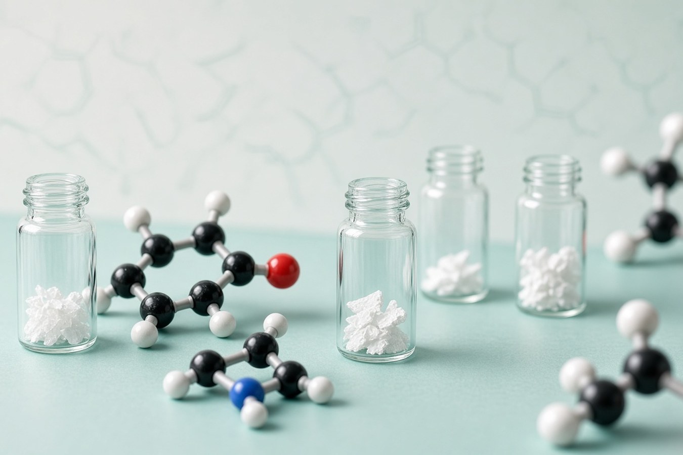 Four open clear glass vials containing white crystalline chemical fragments, interspersed with ball-and-stick molecular models on a light teal surface against a background of faint skeletal chemical structures