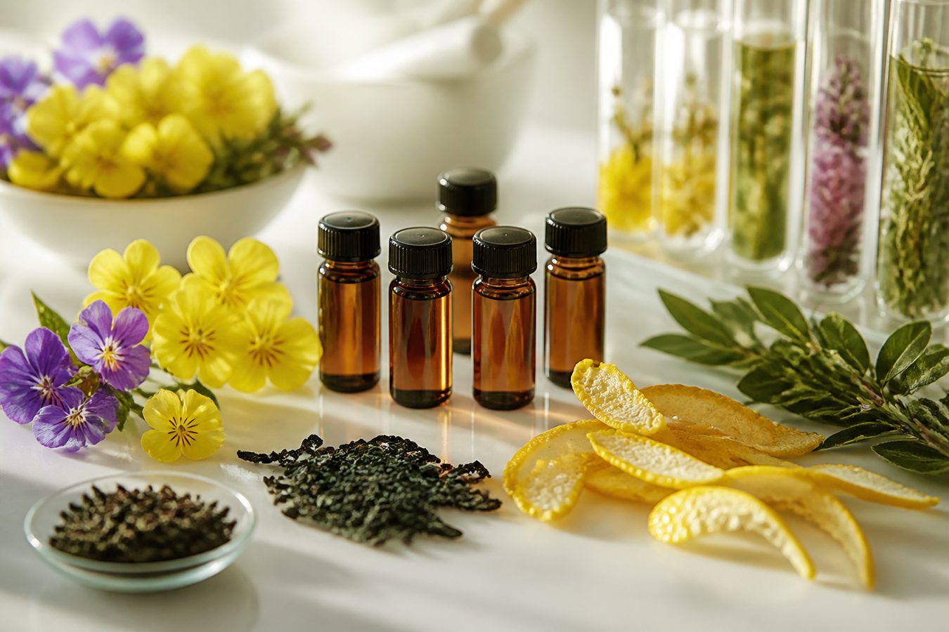 Amber vials, flowers, dried citrus, and plant-filled test tubes representing the FL-500 flavonoid derivative library