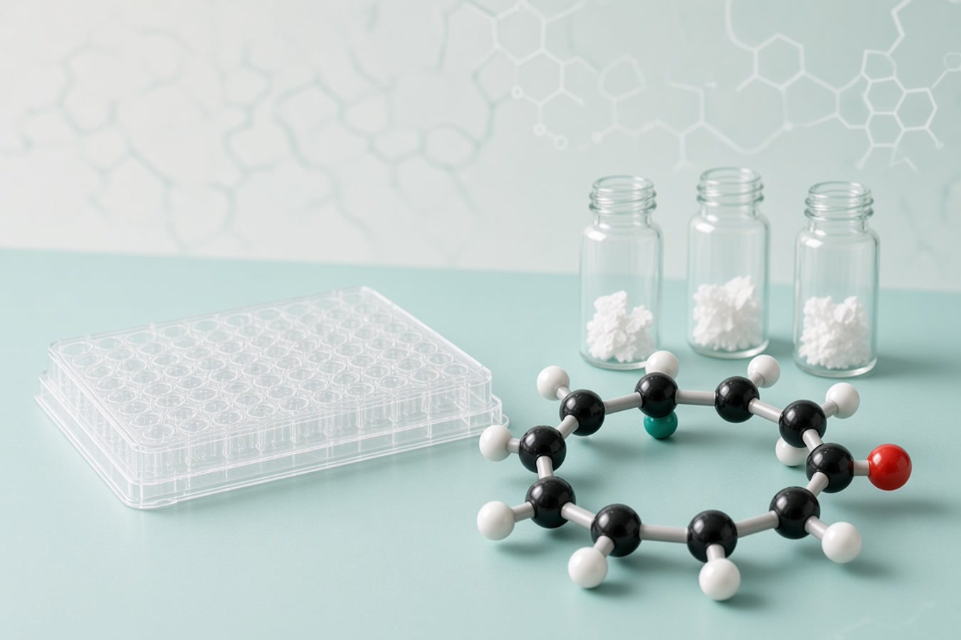 A clear 96-well microplate, three open glass vials of white crystalline solid, and a ball-and-stick cyclic molecular model on a pale teal laboratory surface with faint skeletal ring structures in the background