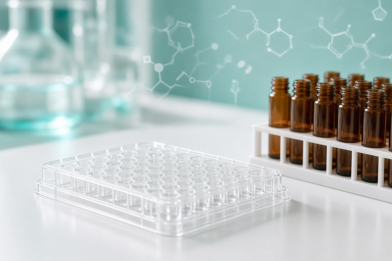 A clear plastic 96-well microplate and a white rack holding several open amber glass vials on a white laboratory surface, with blurred laboratory glassware and white chemical structural diagrams against a teal background