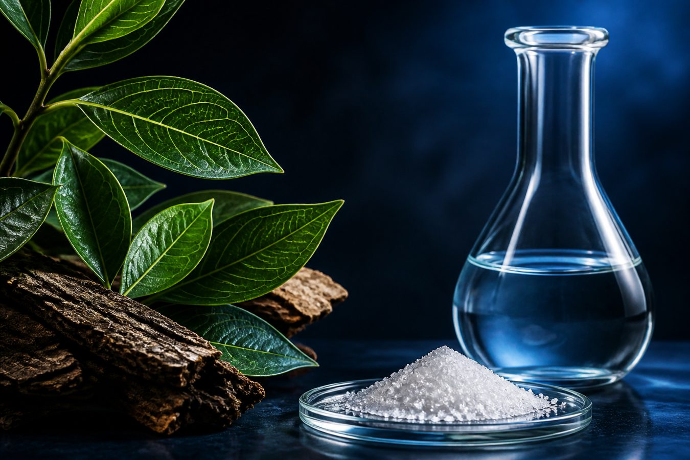 Green leaves, bark, a Petri dish of white crystalline solid, and a flask of clear solution for the NDL-3040 natural derivatives library
