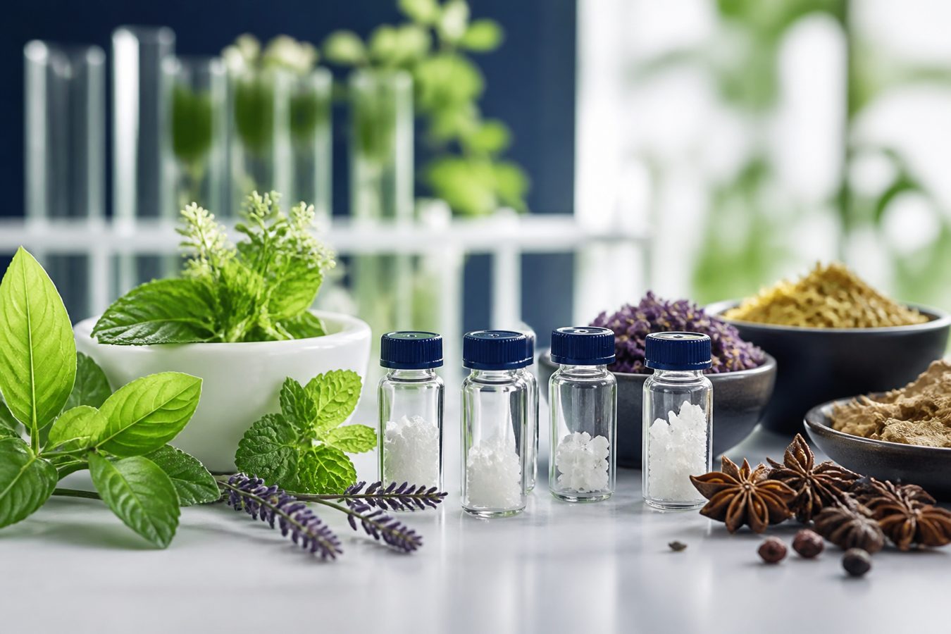 Botanical source material, mortar and pestle, and glass vials of purified white solid for the NPL-800 natural product library