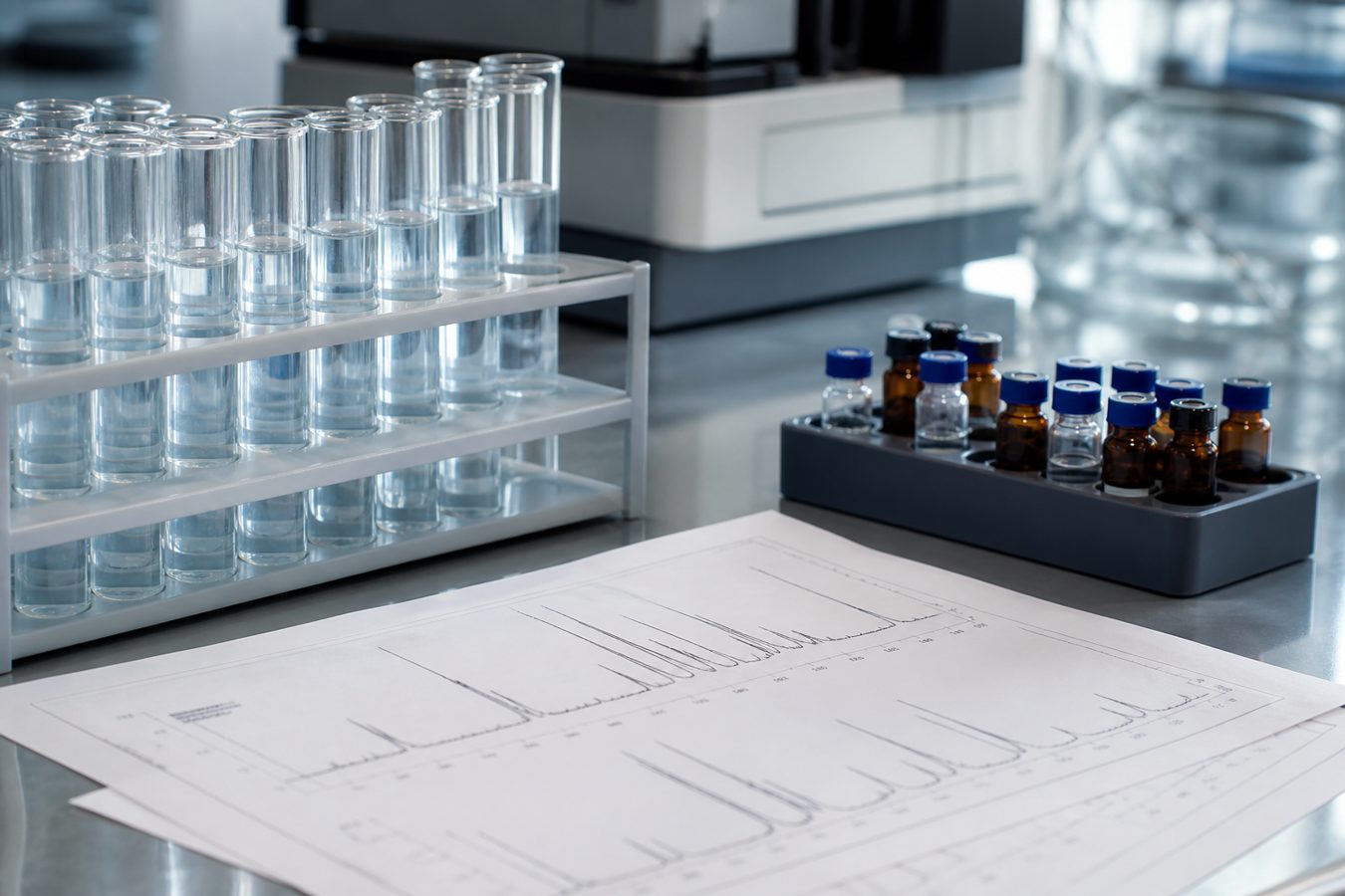 Analytical spectra with sample vials and test tubes on a laboratory bench