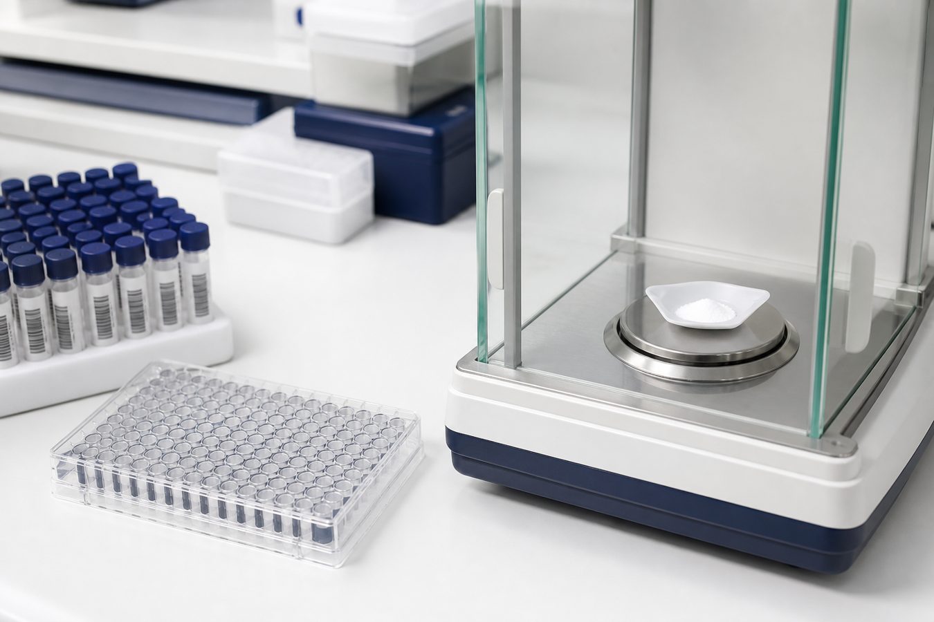 Analytical balance, barcoded vials, and a 96-well plate on a laboratory bench